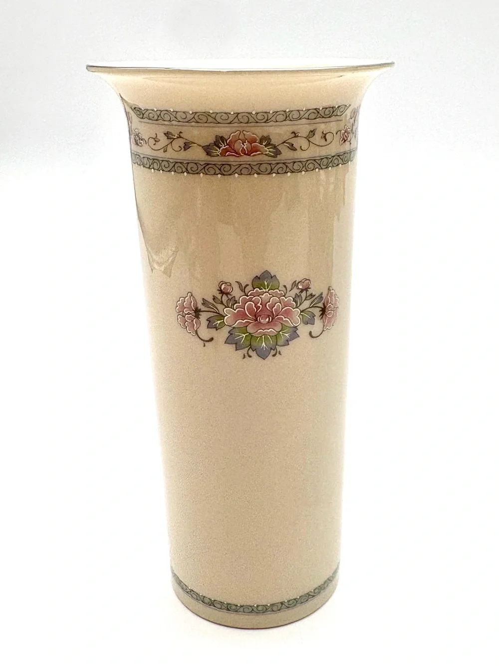 Lenox Cream Porcelain Floral Bud Vase with Pink and Green Motif